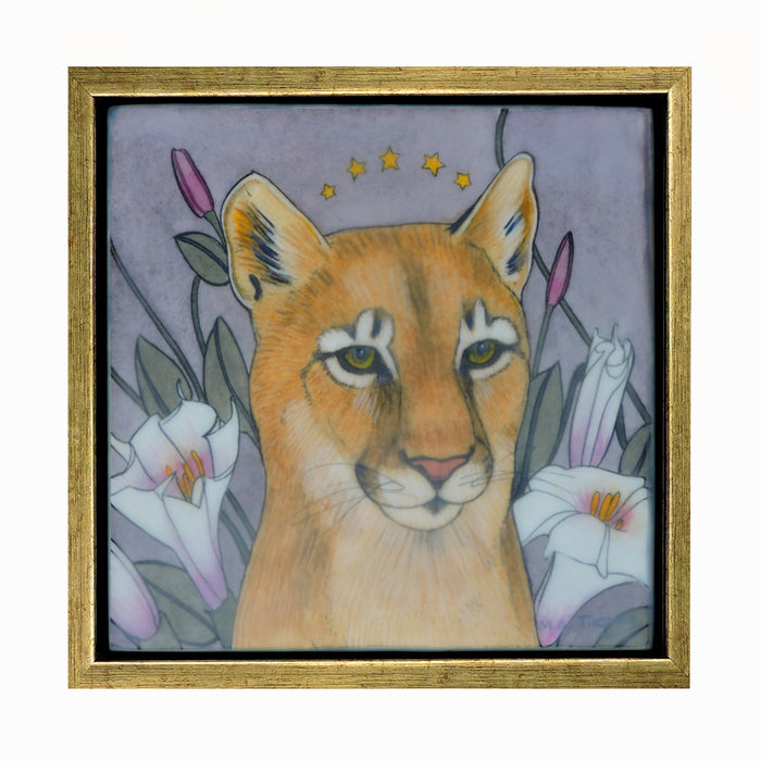 "Moonflowers" watercolor and encaustic painting by Mary Alayne Thomas. A bobcat with a "crown" of stars, surrounded by moonflowers.