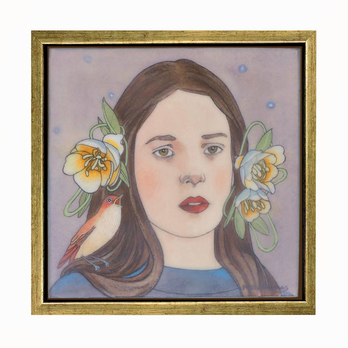 "The Nightingale Summoned the Stars" watercolor and encaustic painting by Mary Alayne Thomas. A woman's portrait, she  has flowers in her hair and a singing nightingale perches on her shoulder.