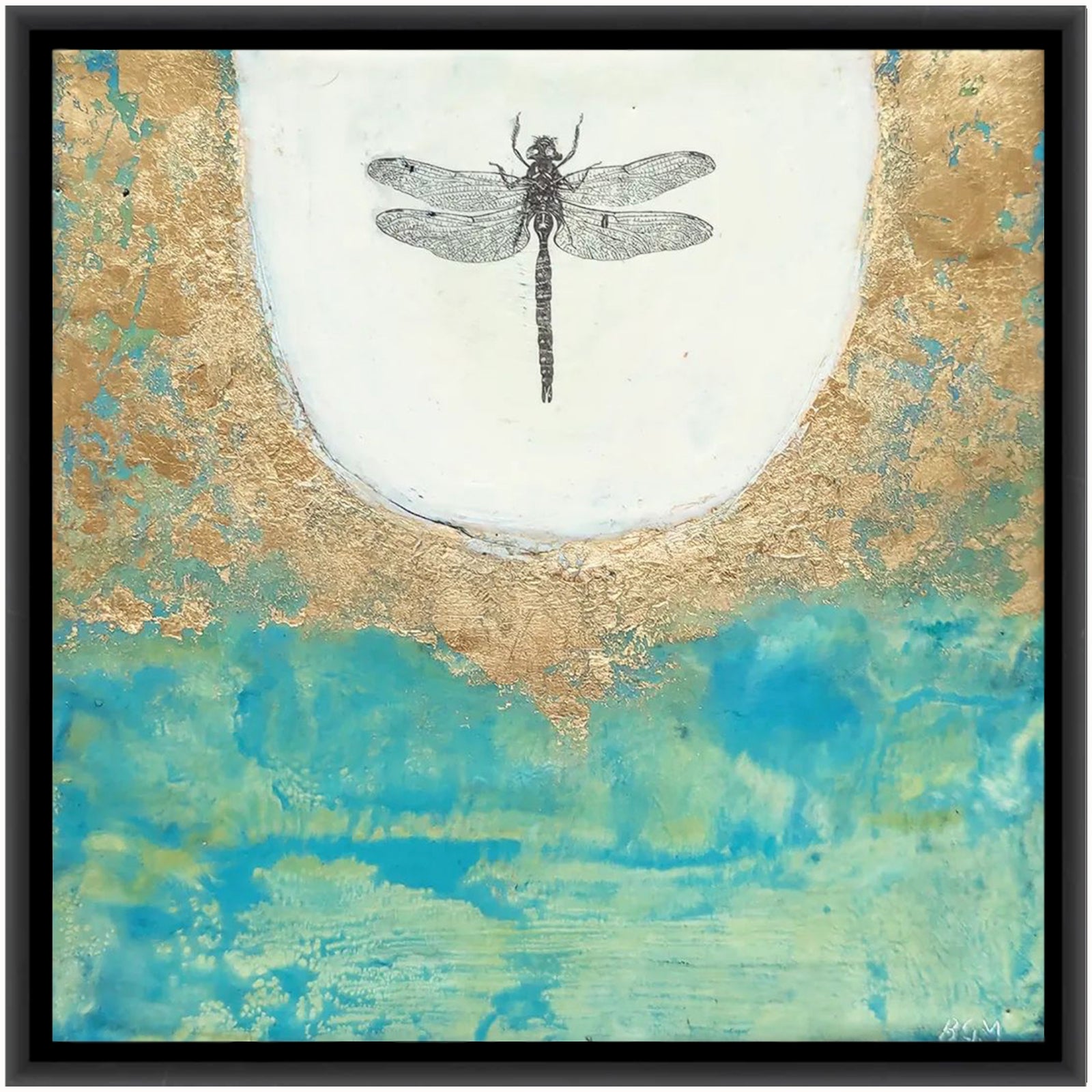 "Messenger of Light" mixed media encaustic painting by Bridgette Guerzon Mills. The painting features a dragonfly surrounded by gold leaf and a watery blue background.