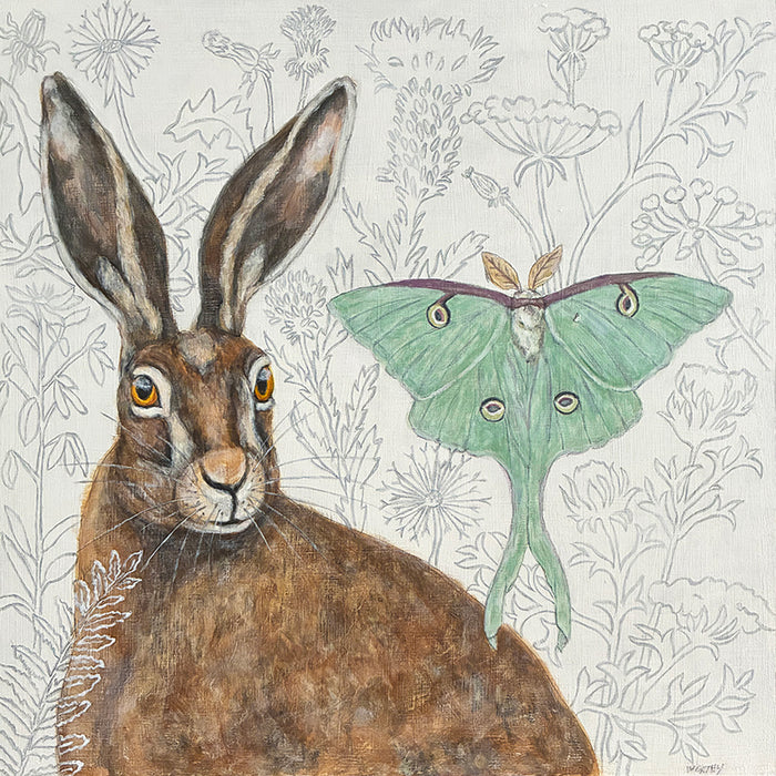Messengers of Hope painting by Martha Worthy featuring a hare and luna moth, with a botanical themed backdrop. 
