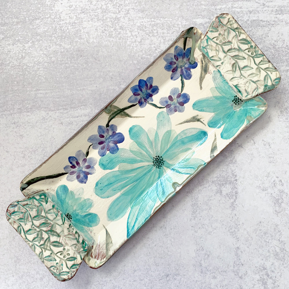 Handmade ceramic tray with blue flowers by Molly Lithgo. Made in North Carolina.