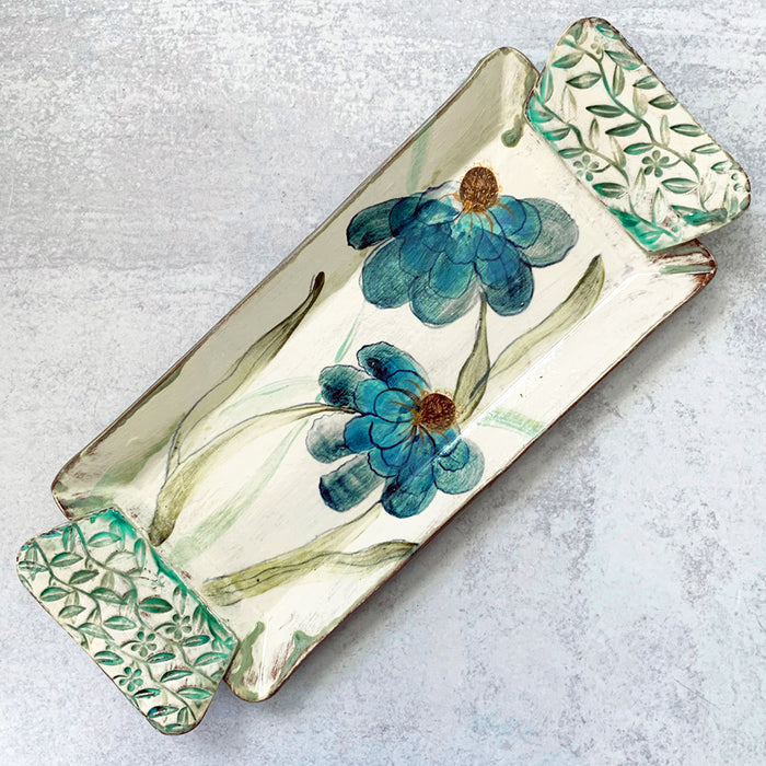 Handmade ceramic tray with blue flower design by Molly Lithgo. Made in North Carolina.