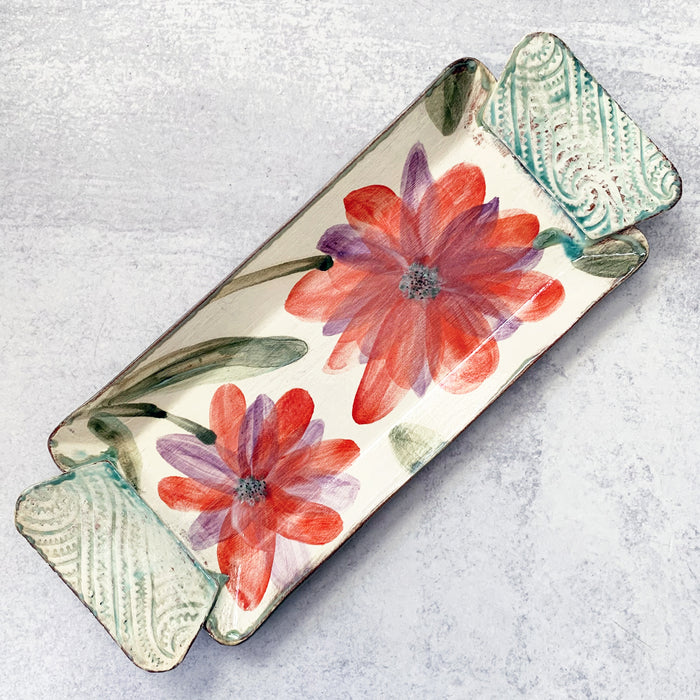 Handmade ceramic tray with red and purple flower design by Molly Lithgo. Made in North Carolina.