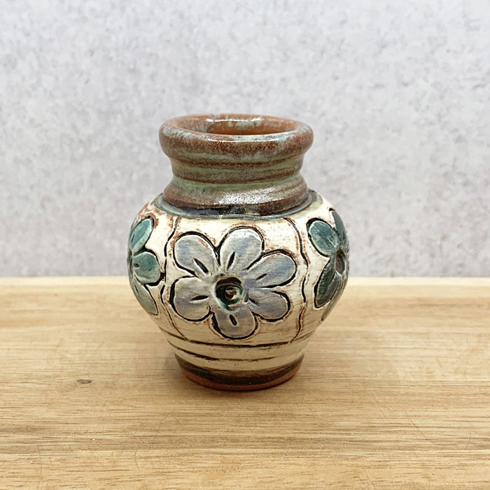 Handmade ceramic bud vase with flower decoration by Molly Lithgo. Made in NC.