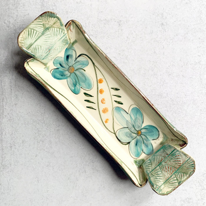 Handmade ceramic tray by Molly Lithgo, decorated with blue flowers. Made in North Carolina.