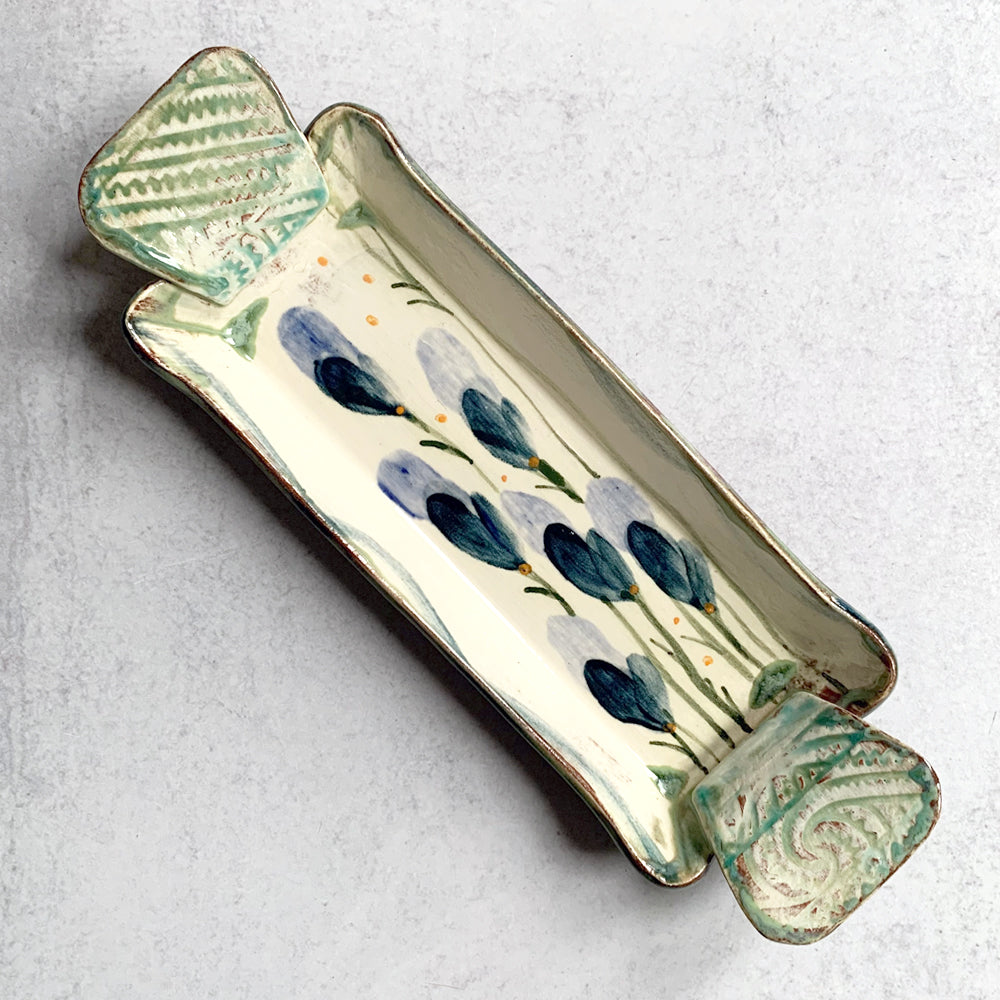 Handmade ceramic tray by Molly Lithgo, decorated with blue flowers. Made in North Carolina.