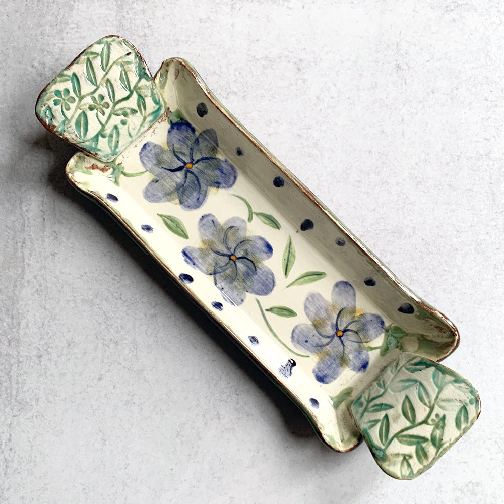 Handmade ceramic tray by Molly Lithgo, decorated with blue flowers. Made in North Carolina.