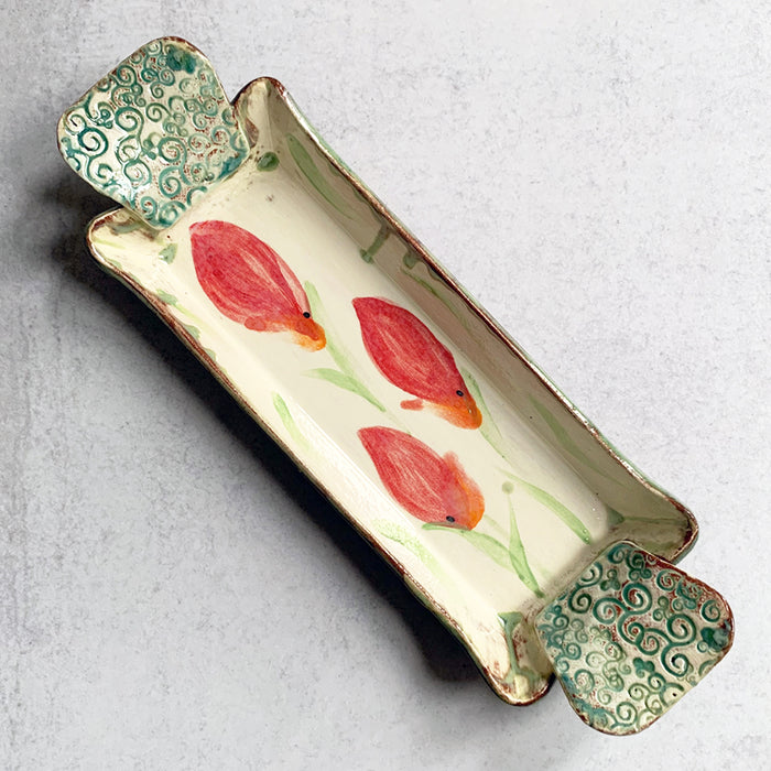 Handmade ceramic tray by Molly Lithgo, decorated with red flowers. Made in North Carolina.