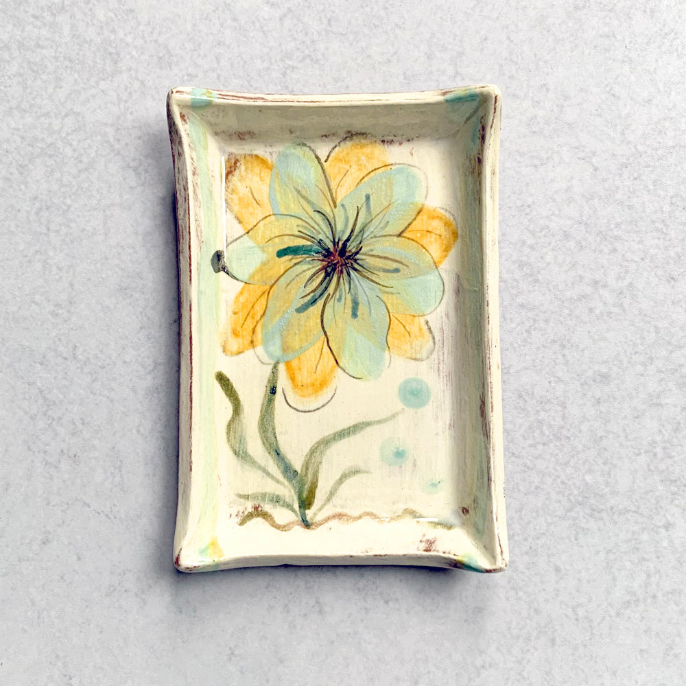 Handmade ceramic tray by Molly Lithgo, decorated with blue flowers. Made in North Carolina. Use for a soap dish, catchall or trinket tray. 