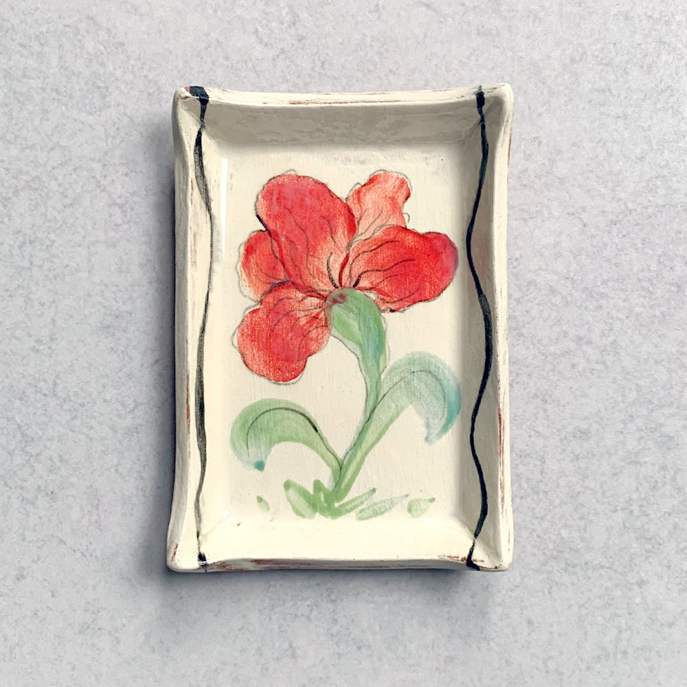 Handmade ceramic tray by Molly Lithgo, decorated with blue flowers. Made in North Carolina. Use for a soap dish, catchall or trinket tray. 