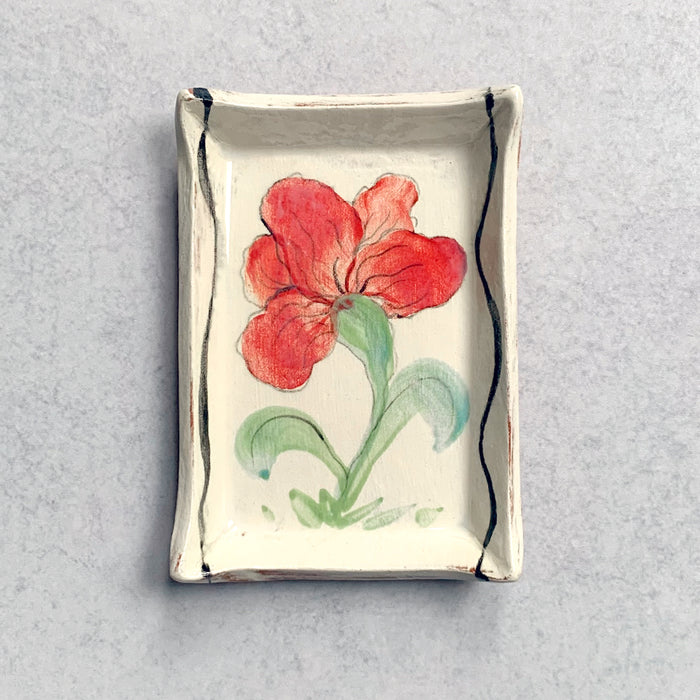 Handmade ceramic tray by Molly Lithgo, decorated with blue flowers. Made in North Carolina. Use for a soap dish, catchall or trinket tray. 