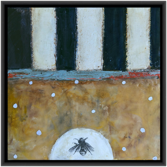 "Never Alone" mixed media encaustic painting by Bridgette Guerzon Mills. Painting has a small bee at the bottom, polka dot and stripe details.