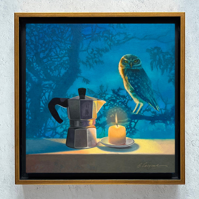 Framed painting by Sharon Cosgrove of a coffee percolator and burning candle on a tabletop,  with a small owl perched in a tree in the blue background. 