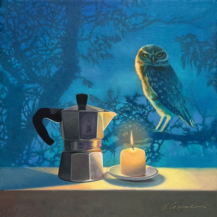 Painting by Sharon Cosgrove of a coffee percolator and burning candle on a tabletop,  with a small owl perched in a tree in the blue background. 