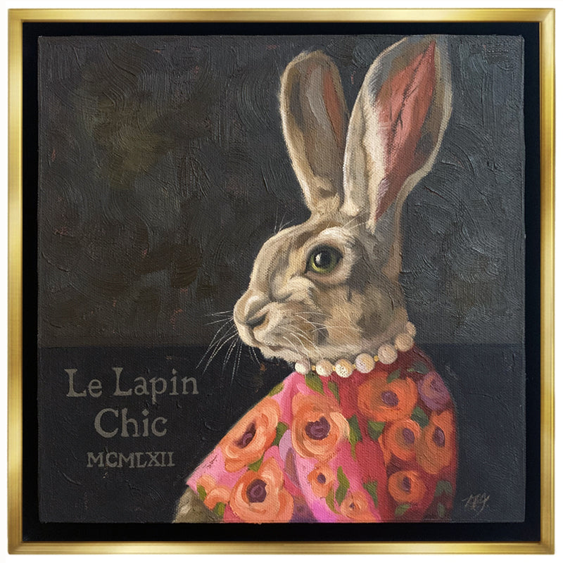 "Posh Rabbit" painting by Ninalee Irani. A rabbit wearing a pink and orange  floral top, and pearl necklace, sits in front of a dark background with the text  'Le Lapin Chic'.