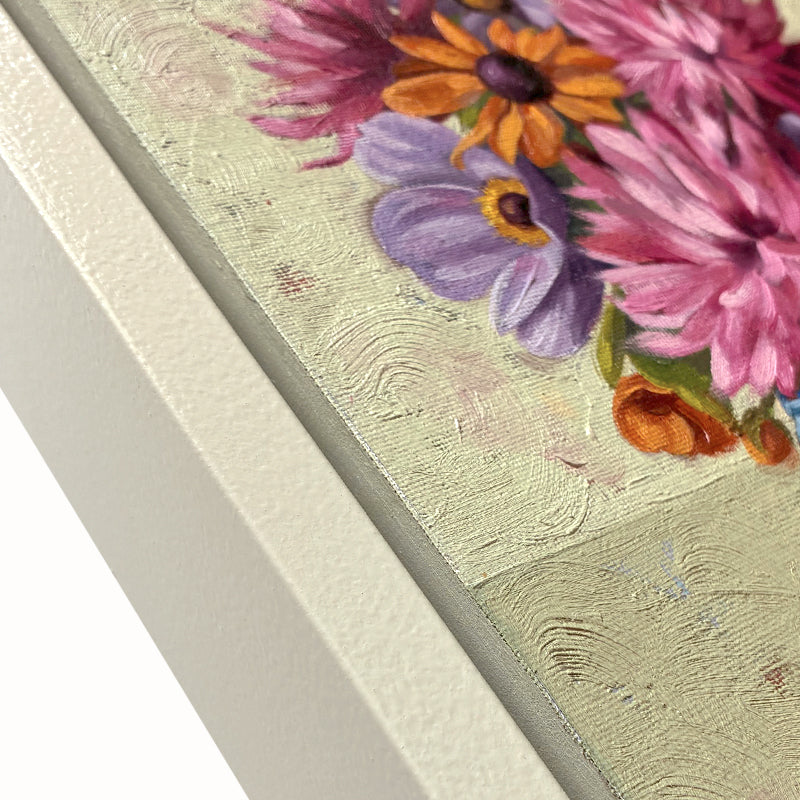 A Close Gathering, framed oil painting of colorful flowers in a blue jar on a textured background. Artwork by Ninalee Irani. Close up detail.