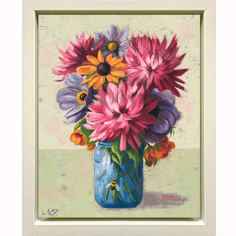 A Close Gathering, framed oil painting of colorful flowers in a blue jar on a textured background. Artwork by Ninalee Irani.
