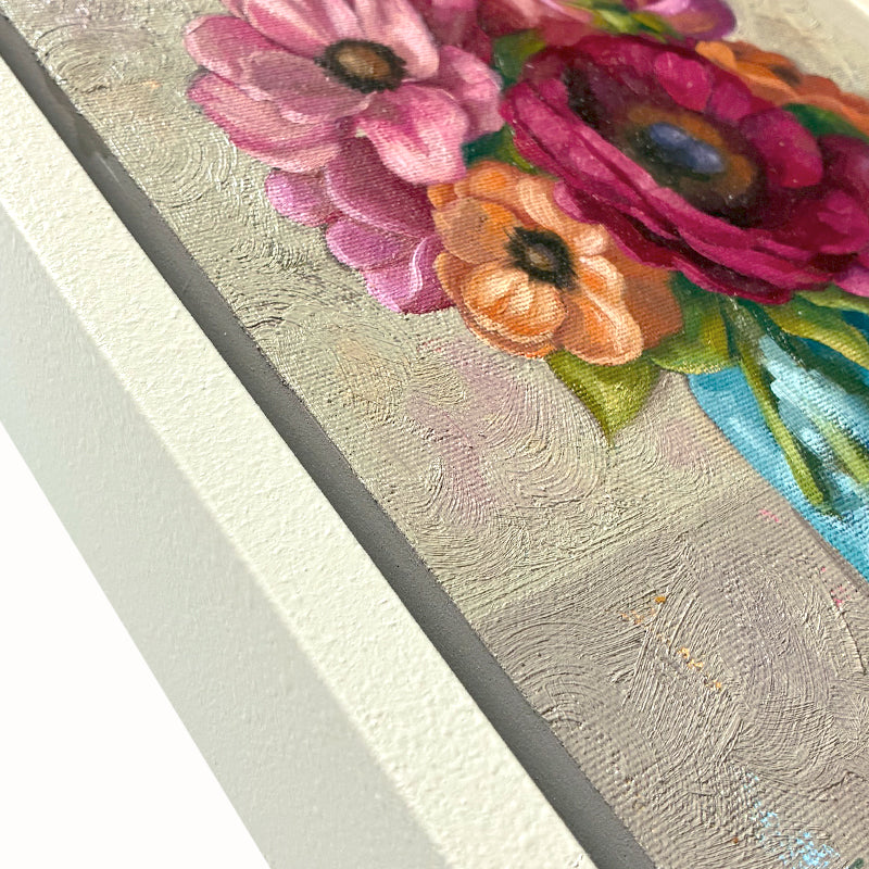 Bea's Bouquet, framed oil painting of colorful flowers in a blue jar on a textured background. Artwork by Ninalee Irani. Close up detail. 