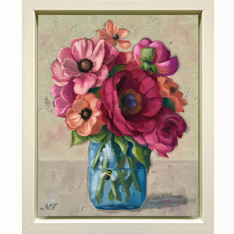 Bea's Bouquet, framed oil painting of colorful flowers in a blue jar on a textured background. Artwork by Ninalee Irani.