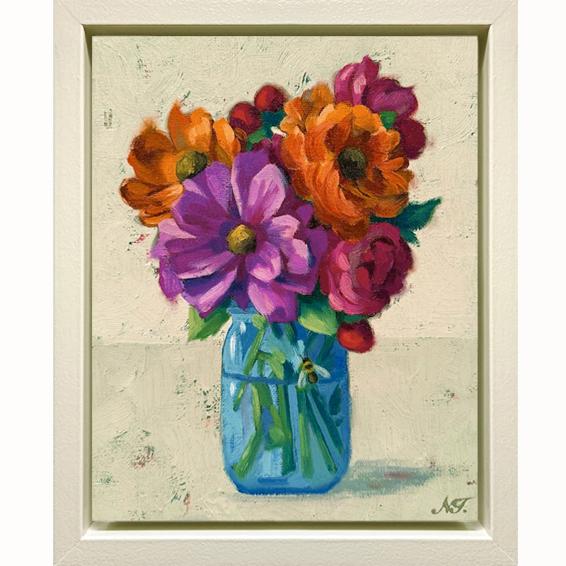 Summer in a Jar, framed oil painting of colorful flowers in a blue jar on a textured background. Artwork by Ninalee Irani.