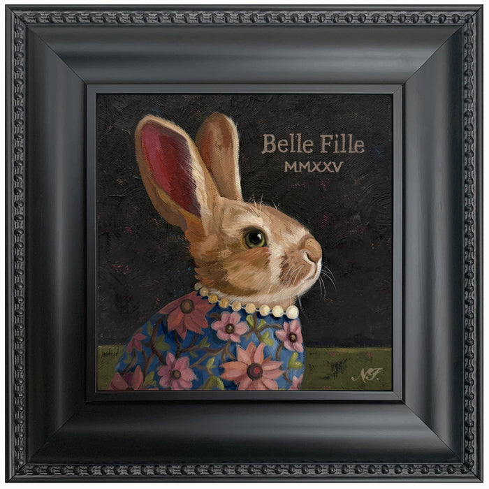 Belle Fille (Beautiful Girl) rabbit painting by Ninalee Irani. Portrait of a rabbit wearing a floral shirt and pearls, set in a black frame.