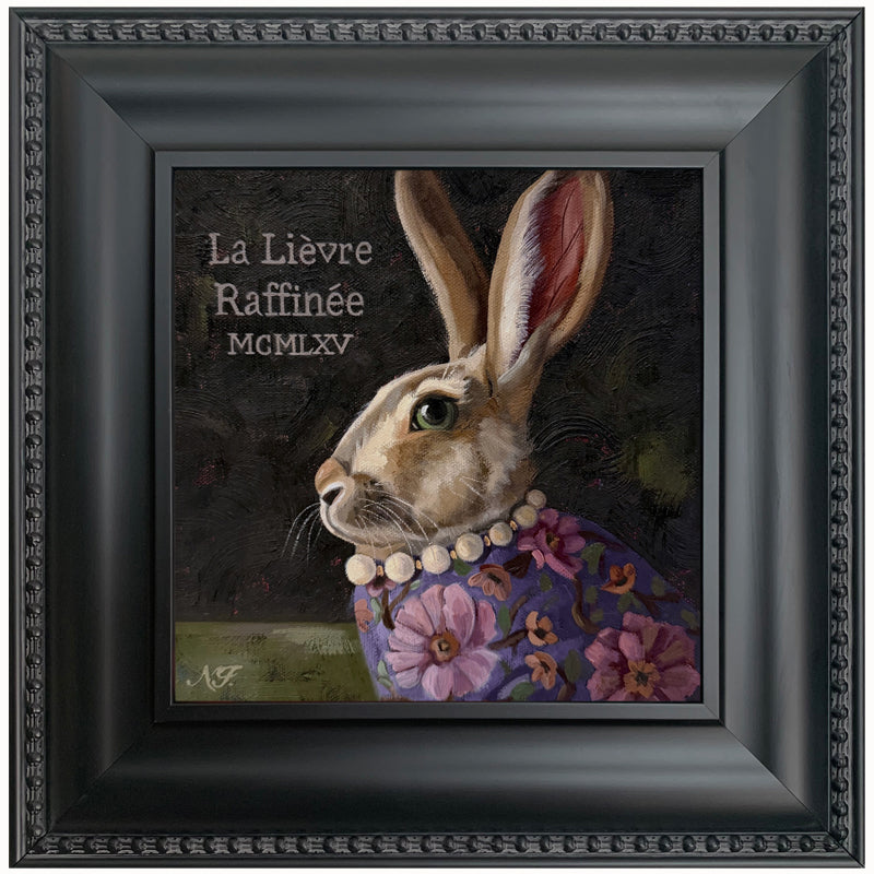 The Refined Hare rabbit painting by Ninalee Irani. Portrait of a rabbit wearing a floral shirt and pearls, set in a black frame.