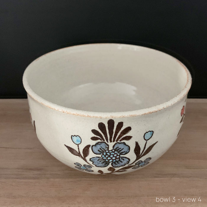 Handmade pottery from Off Menu Pots. Vintage inspired bowl with blue and red flowers. Available at larkandkey.com.