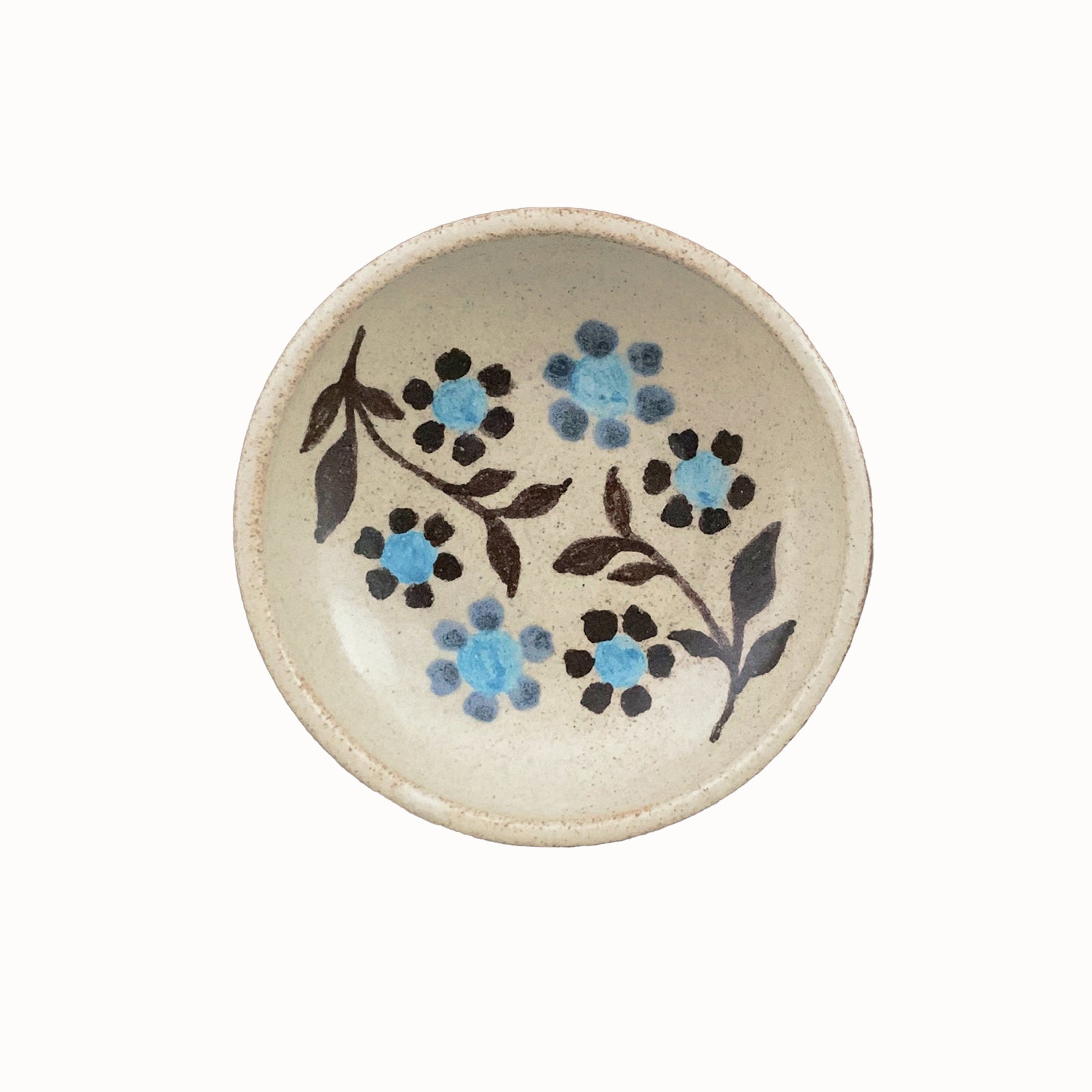 Handmade pottery from Off Menu Pots. Small round catchall dish with blue flowers, handmade.