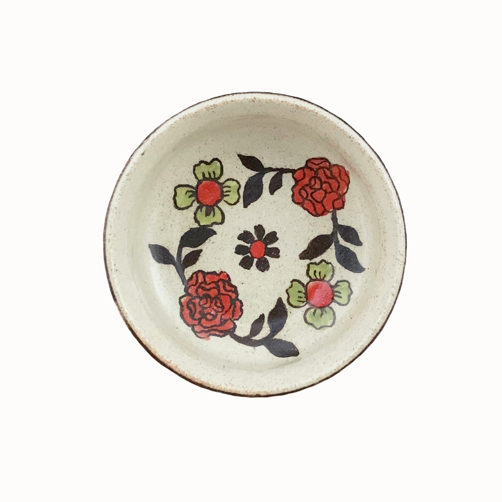 Handmade pottery from Off Menu Pots. Small round catchall dish with red and chartreuse flowers, handmade.