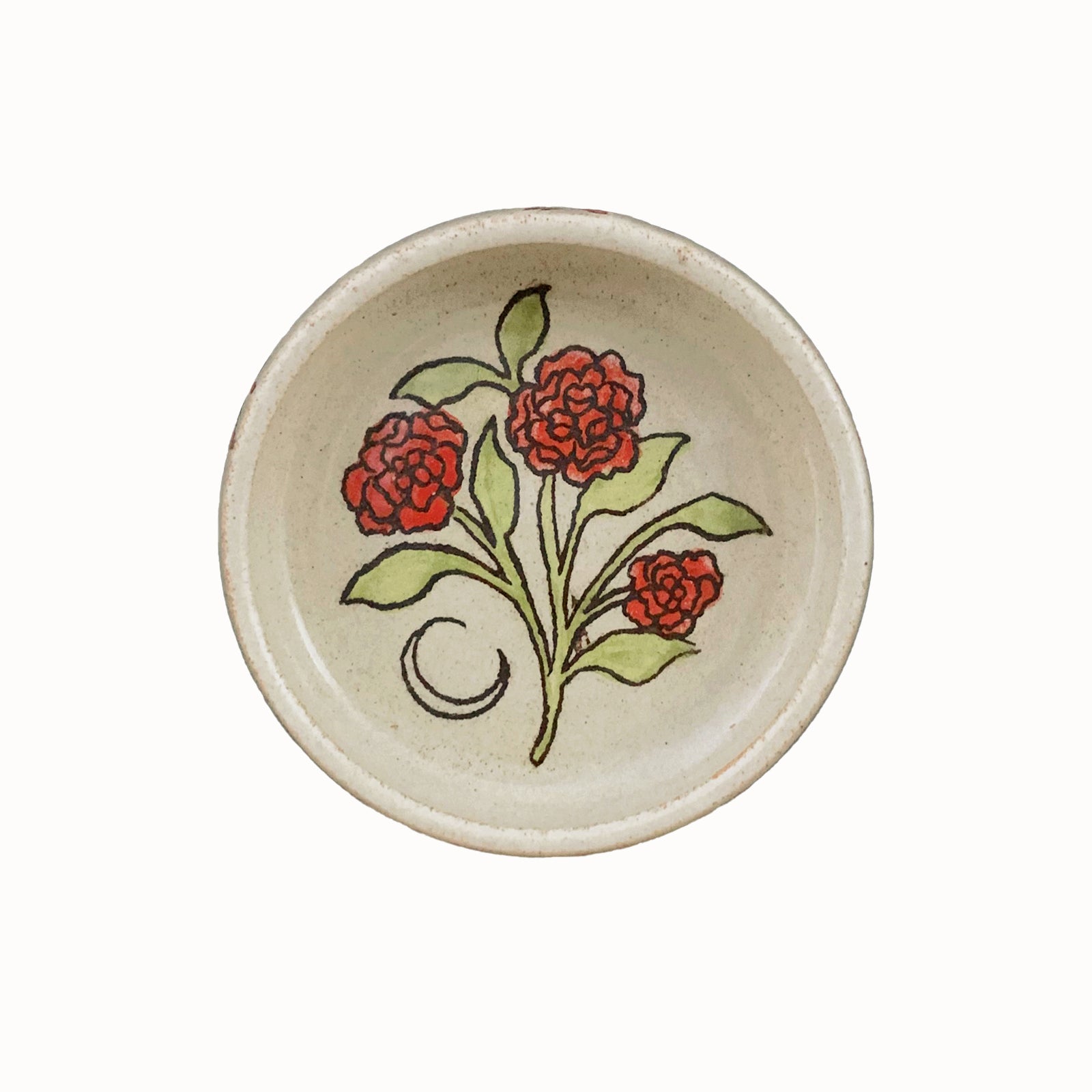 Handmade pottery from Off Menu Pots. Small round catchall dish with crescent moon and red flowers, handmade.