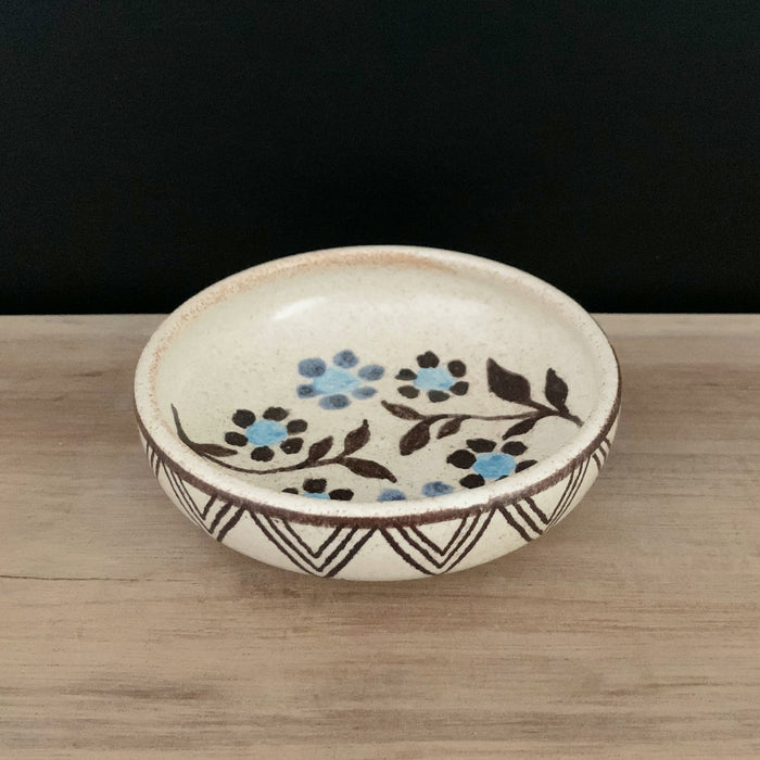 Handmade pottery from Off Menu Pots. Small round catchall dish with blue flowers, handmade.