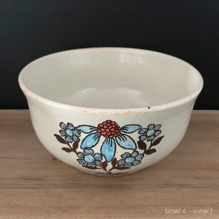 Handmade pottery from Off Menu Pots. Vintage inspired bowl with blue and red flowers. Available at larkandkey.com.