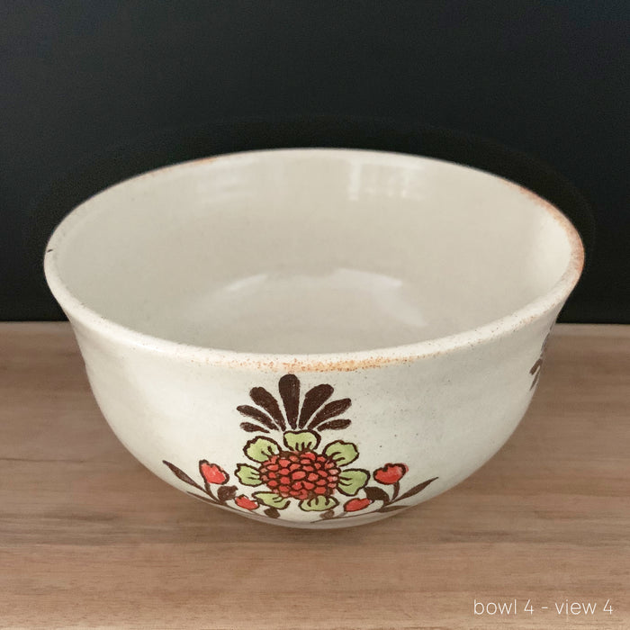 Handmade pottery from Off Menu Pots. Vintage inspired bowl with red and chartreuse flowers. Available at larkandkey.com.