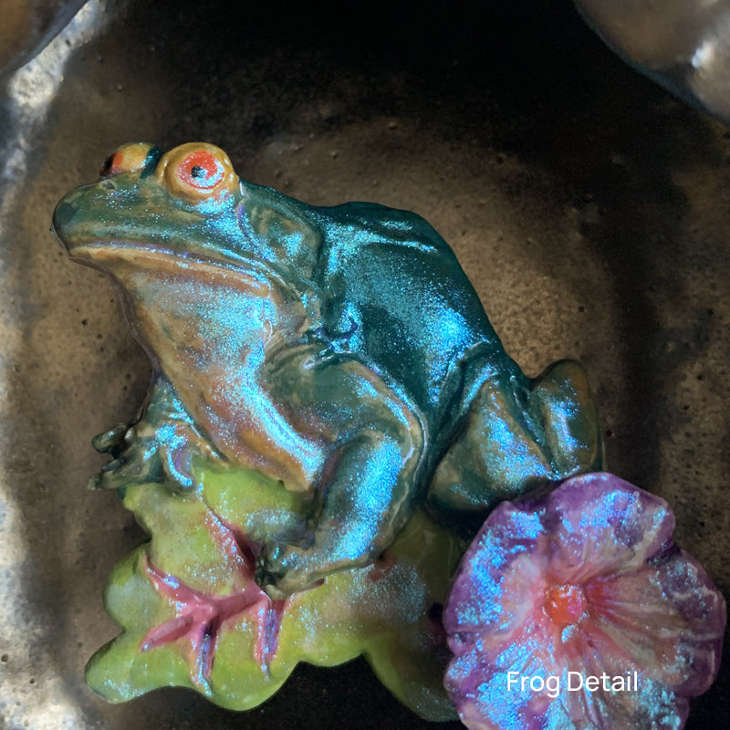 Frog 1 ceramic wall niche by Paula Smith. Decorative wall art featuring a frog and flowers.  Frog detail.