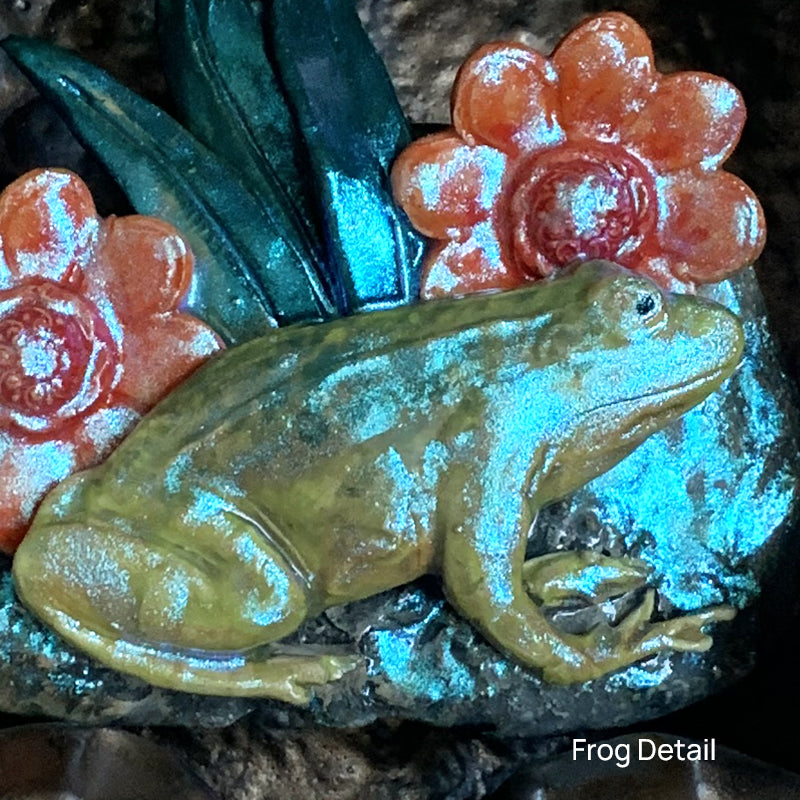 Frog 2 ceramic wall niche by Paula Smith. Decorative wall art featuring a frog and flowers. Frog detail.