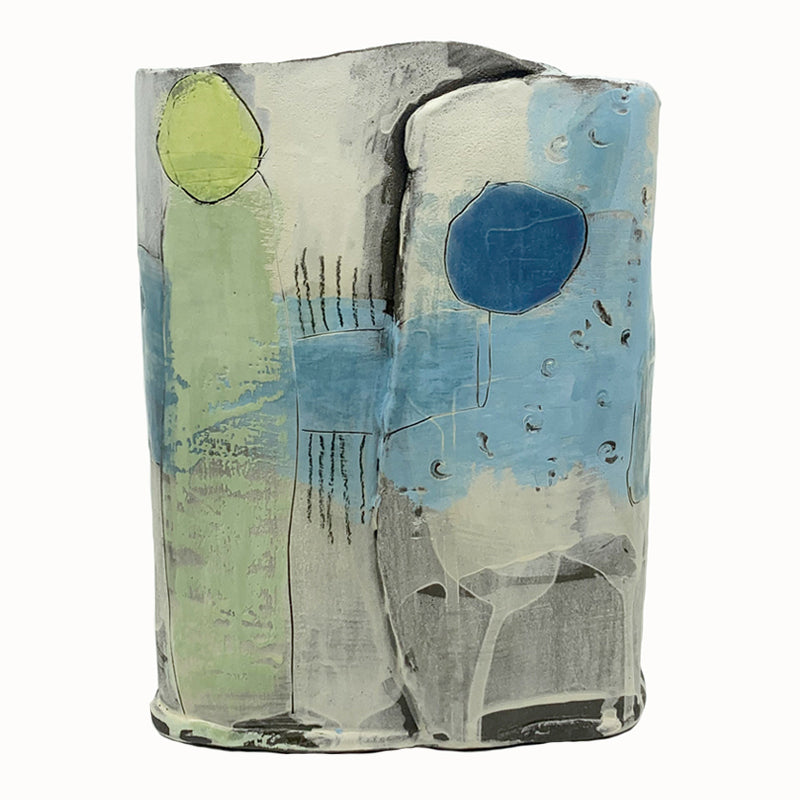 Box vase by ceramic artist Robin Ralston Frelier. Large box vase with graphic blue and green details and various textures. Front view.
