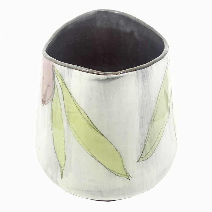 Large oval flower vase by ceramic artist Robin Ralston Frelier. White with dark brown base and interior, and large graphic flower decoration in blue, pink and green. Side and top interior view.