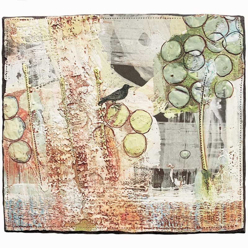 Ceramic tile wall art by artist Robin Ralston Freller. Decorative tile with textural detail, a small black bird in the center.