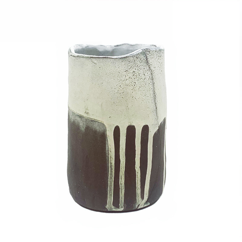 Small dark brown and white drippy vase by ceramic artist Robin Ralston Frelier.