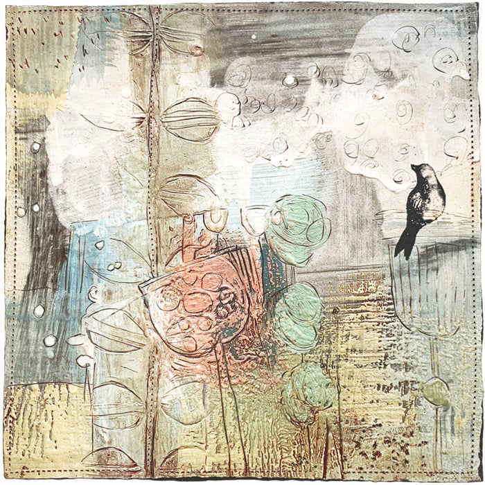 Ceramic tile wall art by artist Robin Ralston Freller. Decorative tile with textural  and flower detail, and a small black bird.