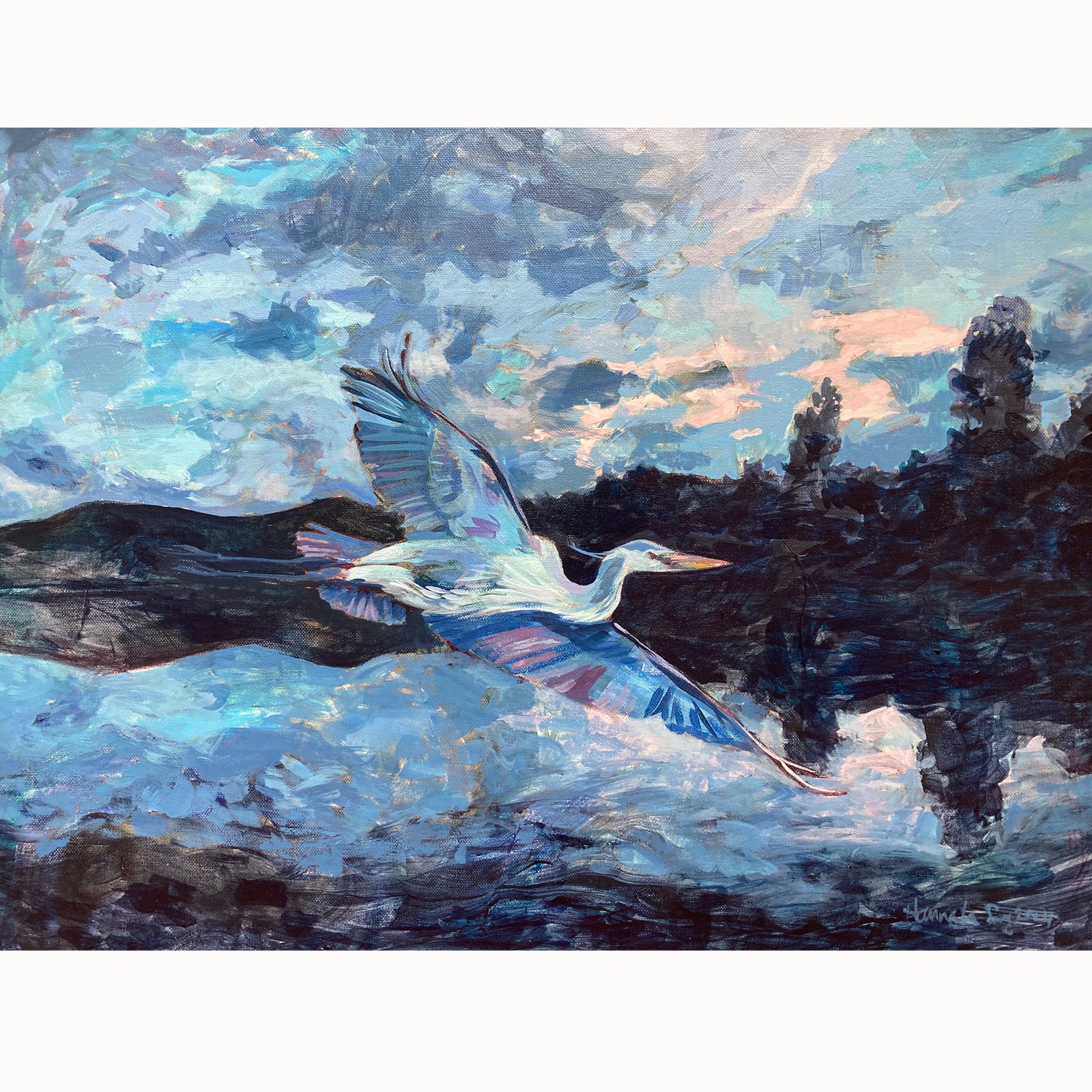 "Sailing Back to That Time" painting by Hannah Seng. A great blue heron soars through the sky of Julien Price Memorial Park on the Blue Ridge Parkway.