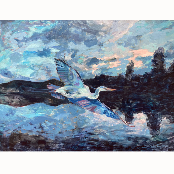 "Sailing Back to That Time" painting by Hannah Seng. A great blue heron soars through the sky of Julien Price Memorial Park on the Blue Ridge Parkway.