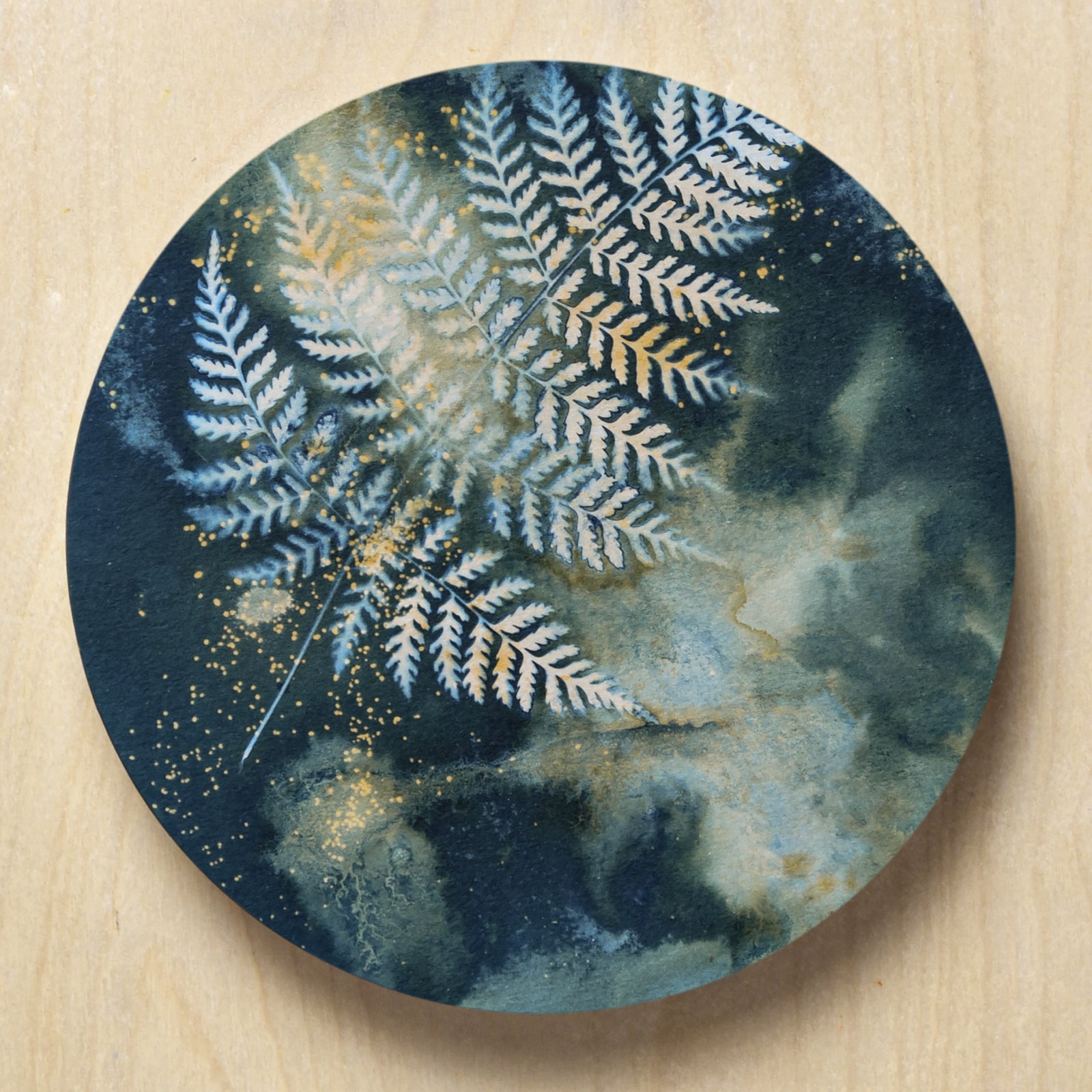 "Astral Dreams" fern and nigh sky inspired eco-printed cyanotype artwork by Sarah Treanor.