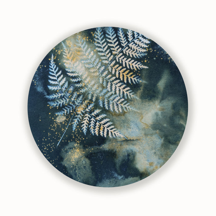 "Astral Dreams" fern and nigh sky inspired eco-printed cyanotype artwork by Sarah Treanor.