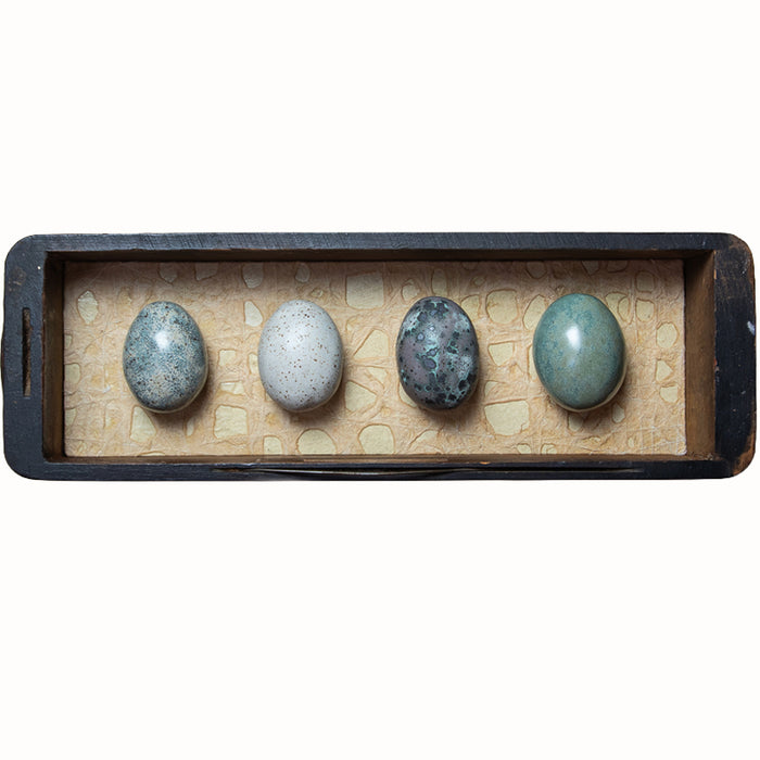Four handmade ceramic eggs and handmade, tea stained papers set in a small vintage wood drawer. Avian Archives artwork series by Sarah Treanor. 