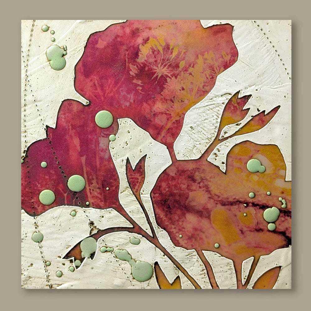 Bloom No. 11, small mixed media painting by artist Sarah Treanor. Fuchsia and orange textural, floral artwork created with digital prints of the  artist's cyanotypes and eco prints underneath layers of encaustic paint, with splatters of light green encaustic on top. Shown on tan wall.