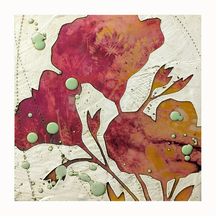 Bloom No. 11, small mixed media painting by artist Sarah Treanor. Fuchsia and orange textural, floral artwork created with digital prints of the  artist's cyanotypes and eco prints underneath layers of encaustic paint, with splatters of light green encaustic on top.