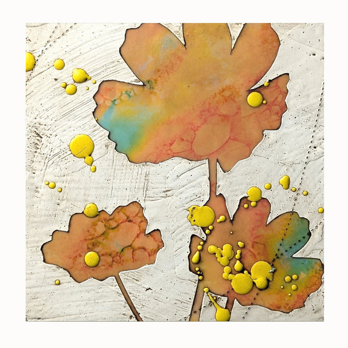 Bloom No. 12, small mixed media painting by artist Sarah Treanor. Orange and aqua textural, floral artwork created with digital prints of the  artist's cyanotypes and eco prints underneath layers of encaustic paint, with splatters of yellow encaustic on top.