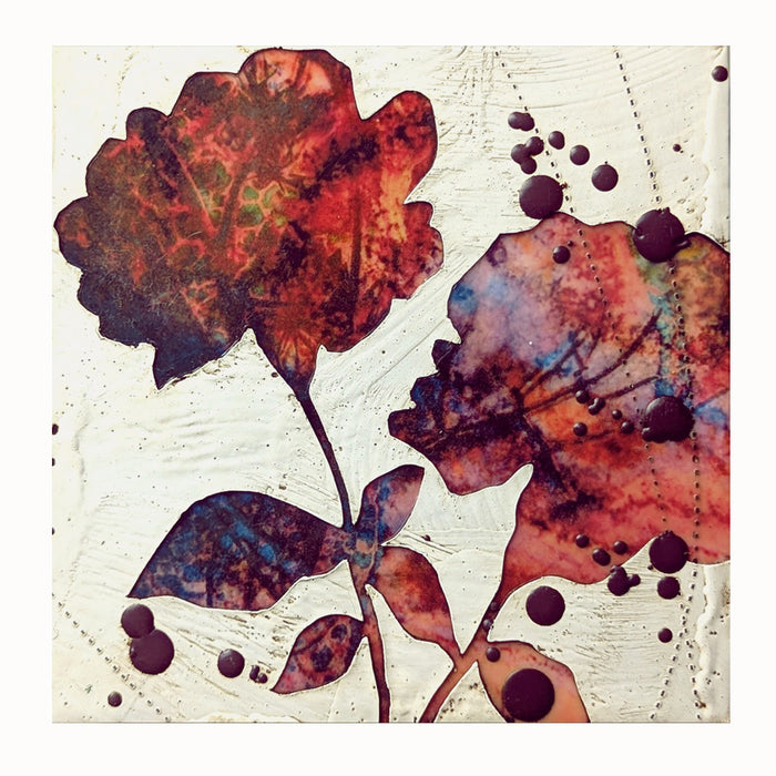 Bloom No. 13, small mixed media painting by artist Sarah Treanor. Red and purple textural, floral artwork created with digital prints of the  artist's cyanotypes and eco prints underneath layers of encaustic paint, with splatters of purple encaustic on top.