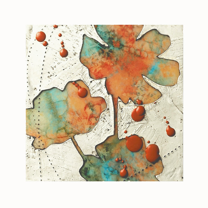 Bloom No. 14, small mixed media painting by artist Sarah Treanor. Orange and aqua textural, floral artwork created with digital prints of the  artist's cyanotypes and eco prints underneath layers of encaustic paint, with splatters of orange encaustic on top.